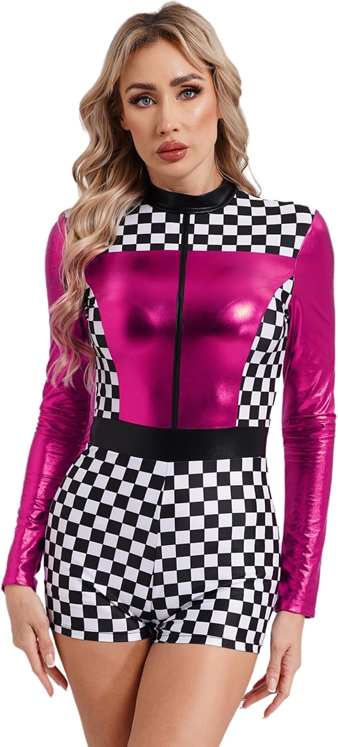 Women Shiny Long Sleeve Leotard Checkerboard Dance Unitard Jumpsuit Halloween Racer Costume
