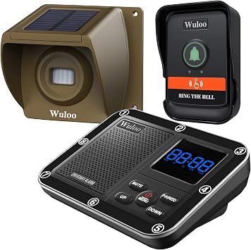 Wuloo Wireless Doorbells for Home, Solar Driveway Alarm, Multifunctional Wireless Home Security System, Rechargeable Battery/Weatherproof/Mute Mode/Clock and Alarm 1 Receiver 1 Sensor 1 Doorbell