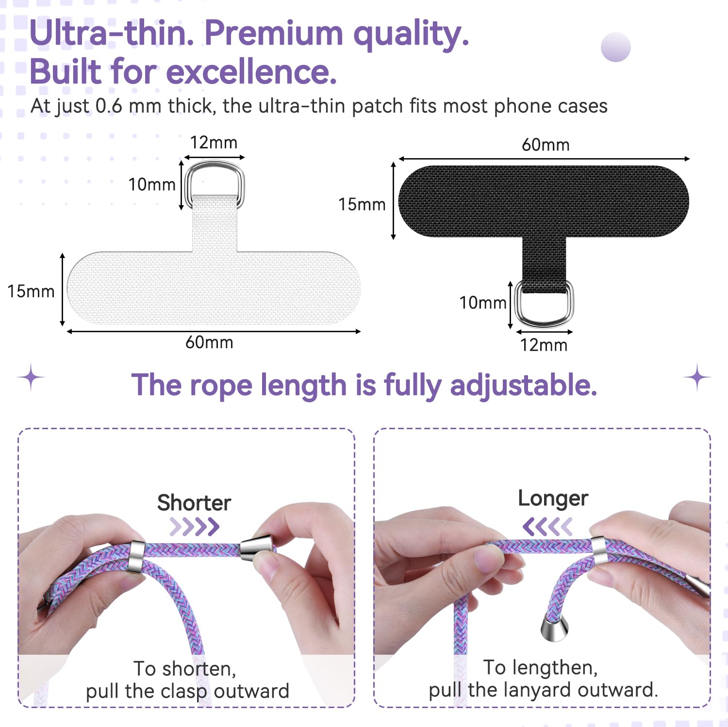 ivoler Cordino per Cellulare Universale con 2 pezzi Patch, Regolabile e Rimovibile Cordino Tracolla per Telefono, Adatto per iPhone Samsung Xiaomi e Qualsiasi Custodie per Smartphone -Viola Arcobaleno