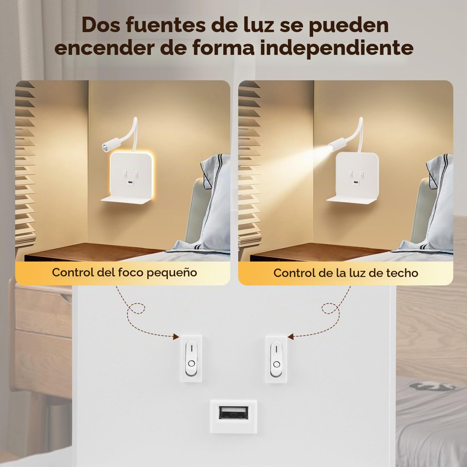 lampara de Pared LED 3W + 9W 3000K, lampara cabecero Cama con Puerto Cargadores USB y Bandeja para teléfono móvil, Apliques Pared Dormitorio Cuello de Cisne de 360°(Weiß, 2 Stück)
