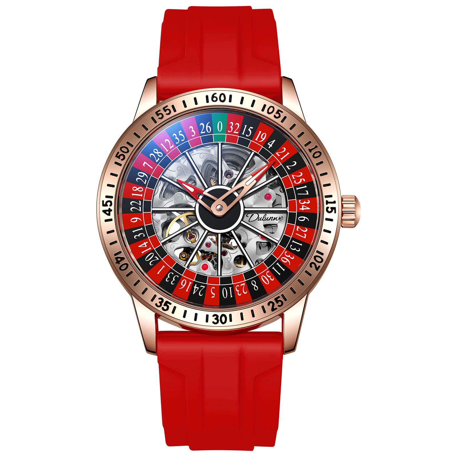 Mens Gambling Automatic Mechanical Skeleton Hollow Waterproof Luminous Watch Stainless Steel Band Self Winding Roulette Wheel Business Casual Wristwatch