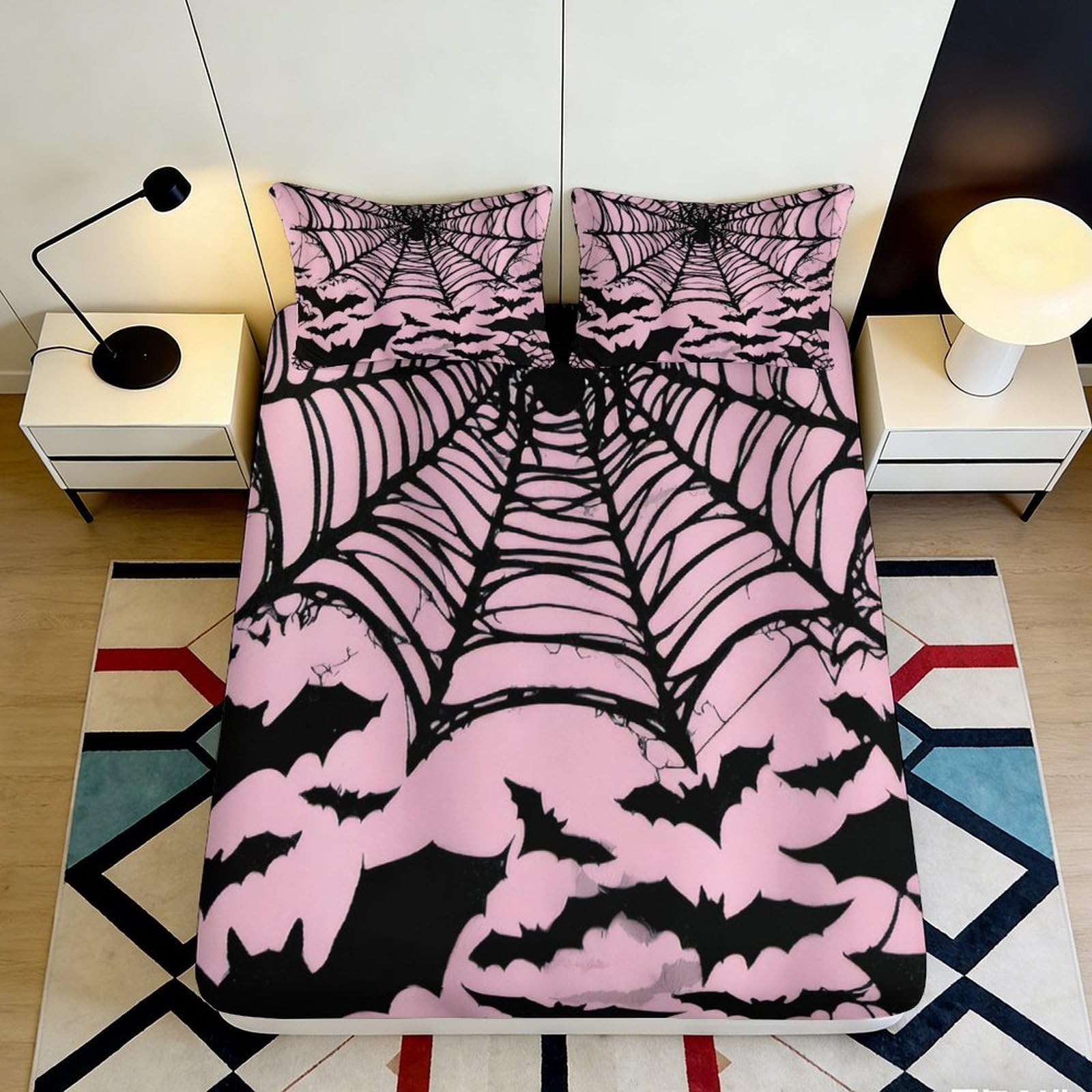 Uynsixtme Style-1 3D Printed Spider Web Bat Design Fitted Sheet Microfiber Deep Pocket Non-Slip Bedroom Bedding Spider Web Mattress Fitted Cover For Adults 140X200x25cm