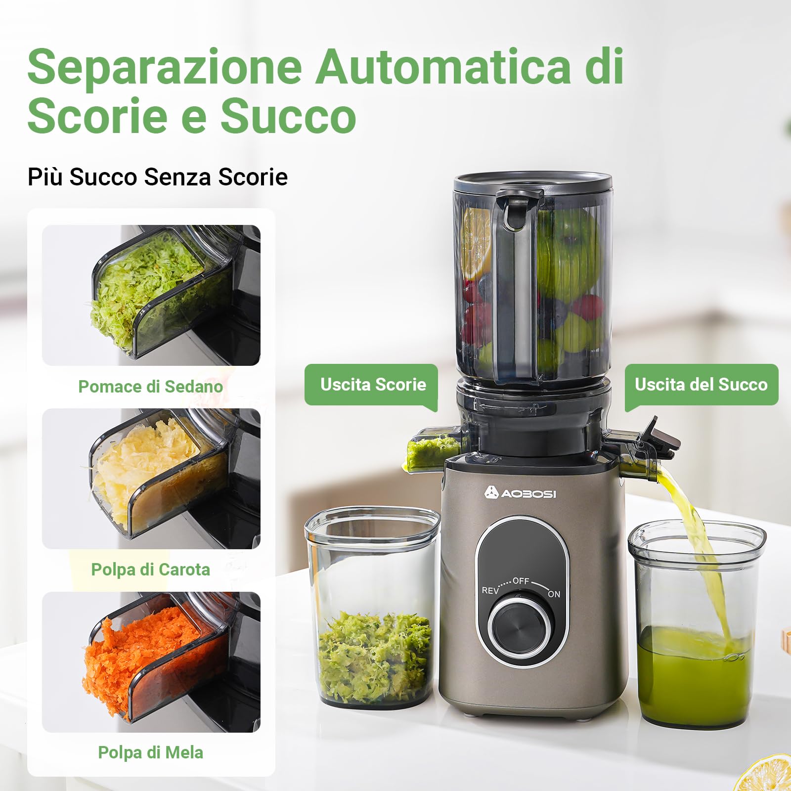 AAOBOSI Juicer Slow Estrattore Frutta e Verdura, 110mm Estrattore Di Succo, Elevata Resa di Succo, con Funzione di Inversione, Facile da Pulire, Senza BPA, Adatto per Frutta e Verdura
