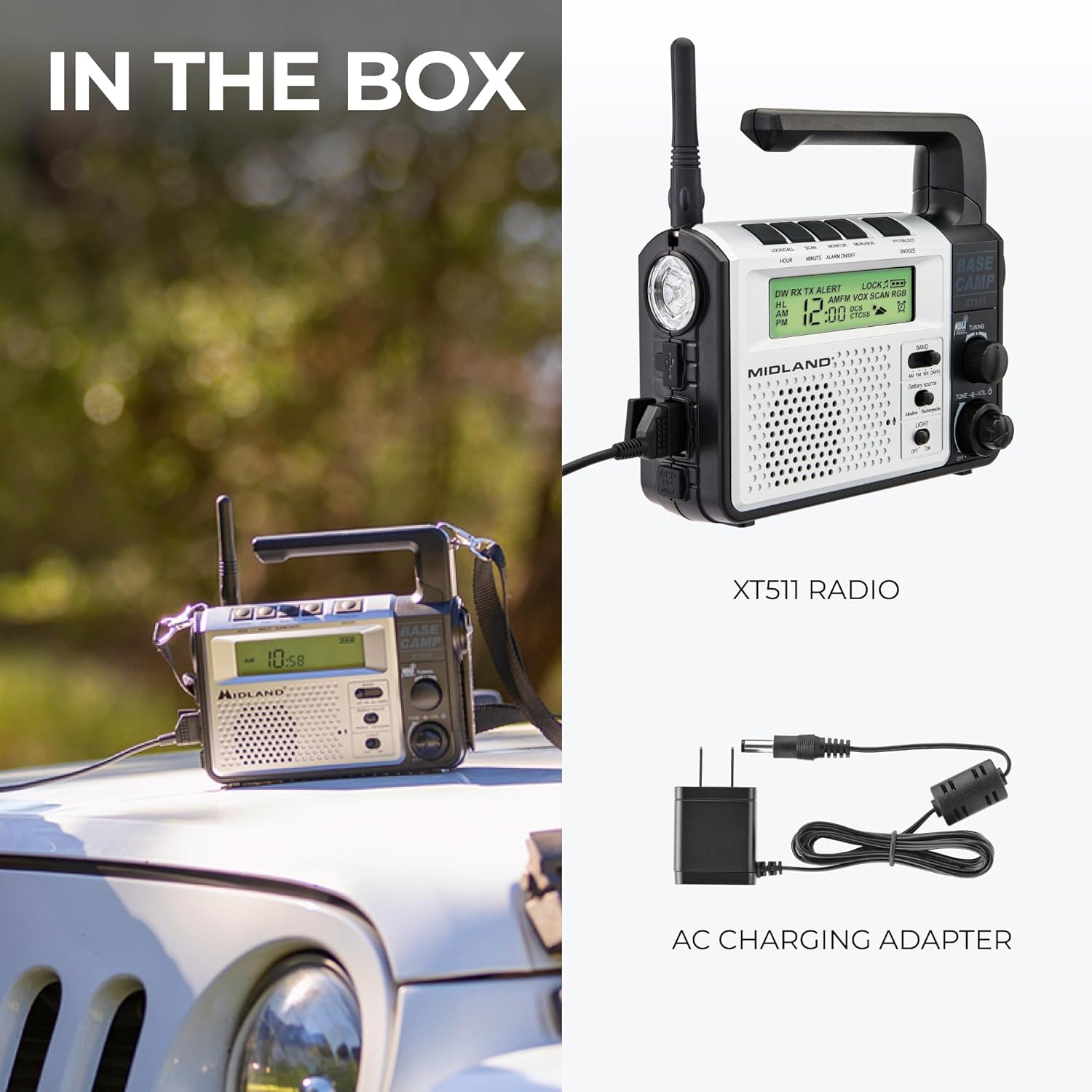 Midland® - XT511 - Emergency Radio - 22 Channel Two-Way Base Camp Radio with 5 Power Options, 121 Privacy Codes, 3-LED Flashlight & NOAA Weather Scan + Alert - Gray/Black