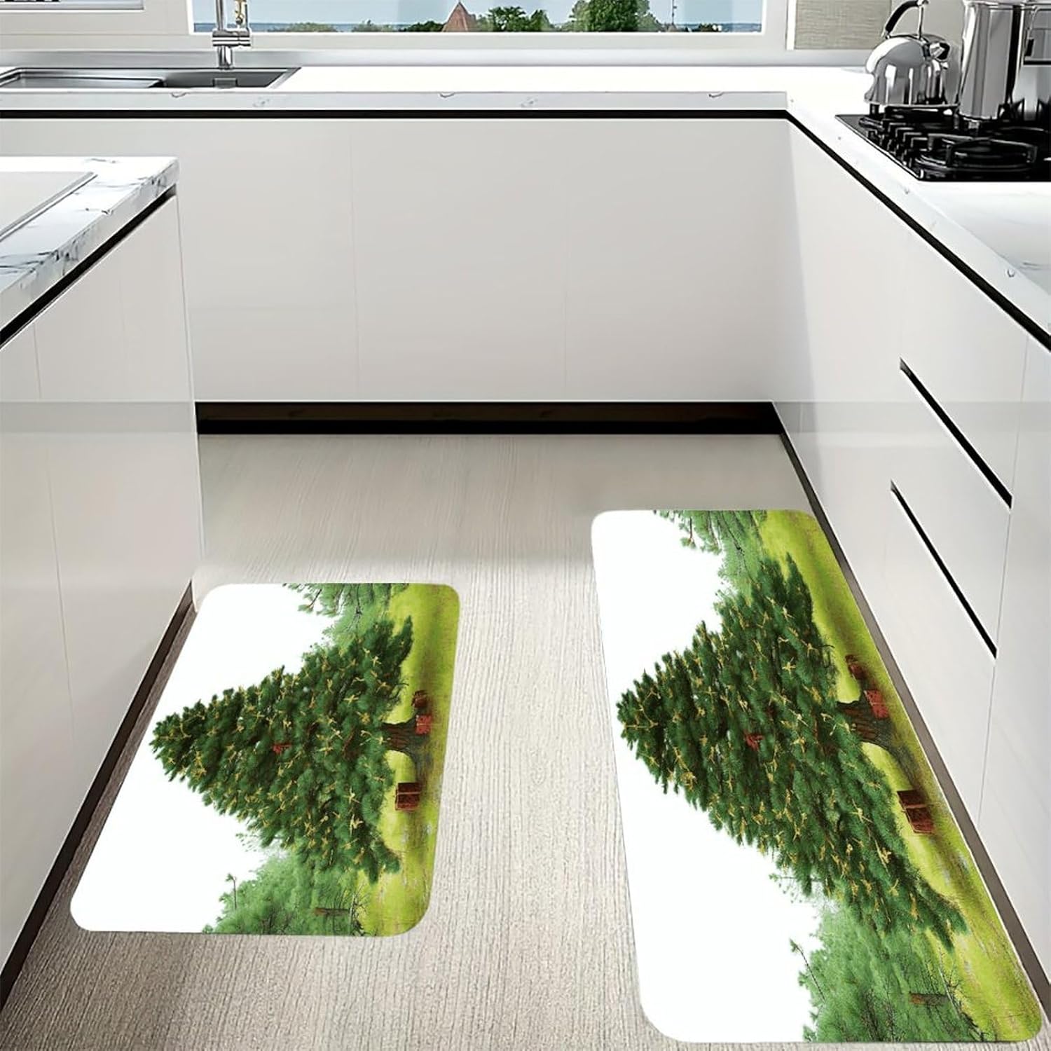 Garlad Pine Tree Kitchen Mats with 2PCS Non-Slip Washable,Kitchen Rug Heavy Duty Durable, Floor Mats for Kitchen,Office,Sink,Laundry