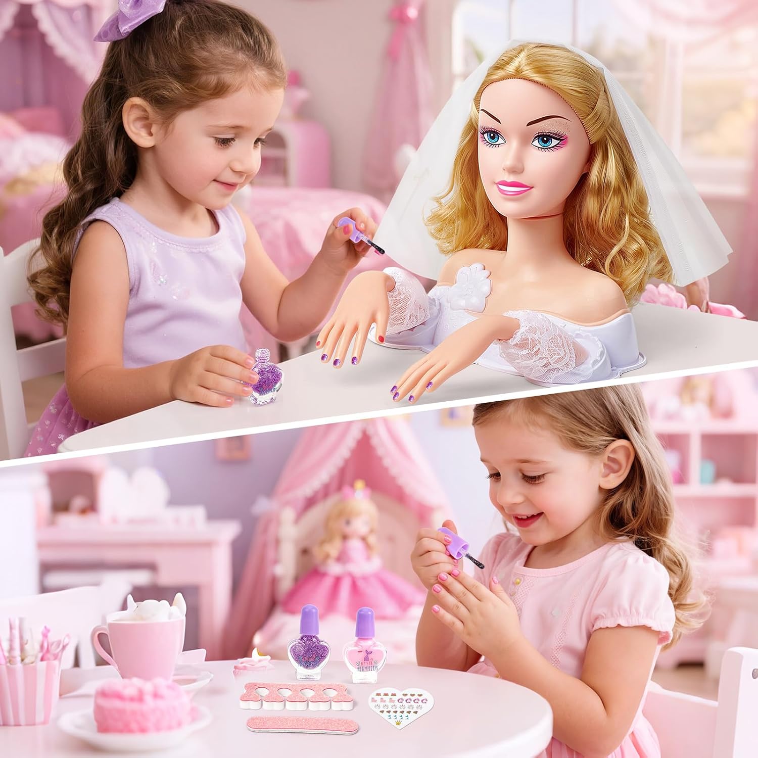 Doll Head for Hair Styling Kids Makeup Set, Blonde Bride Beauty Stylist Pretend Play Toy With Bridal Veil/ Hairdryer/ Curling Iron, Hair Salon Toy Birthday Gift For Girl 3 4 5 6 7 8+ Years Old