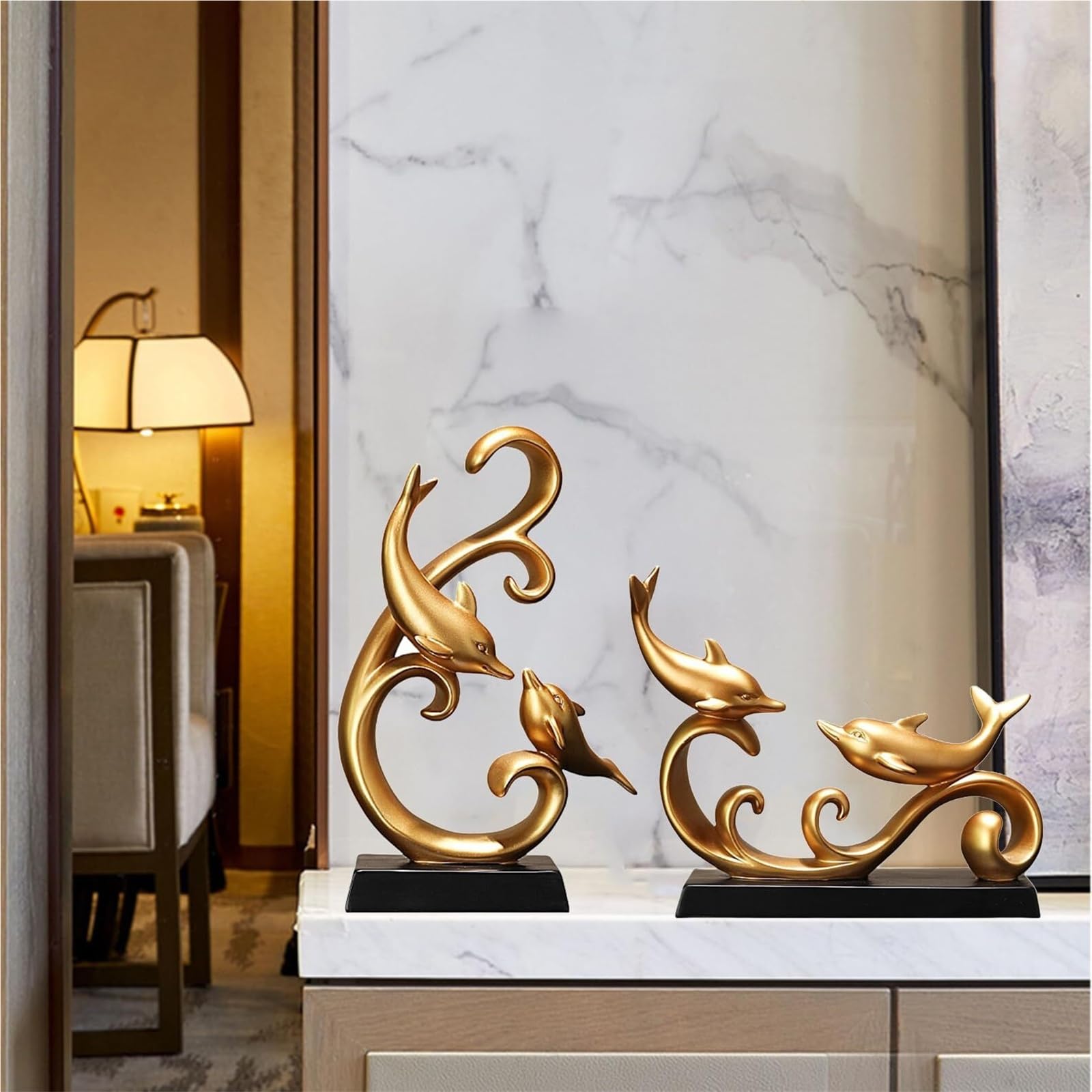Home Decor Gold Elegant 26 * 22.5cm Home Decoration Modern Resin Dolphin Statue Center (Gold, 19 * 29cm)