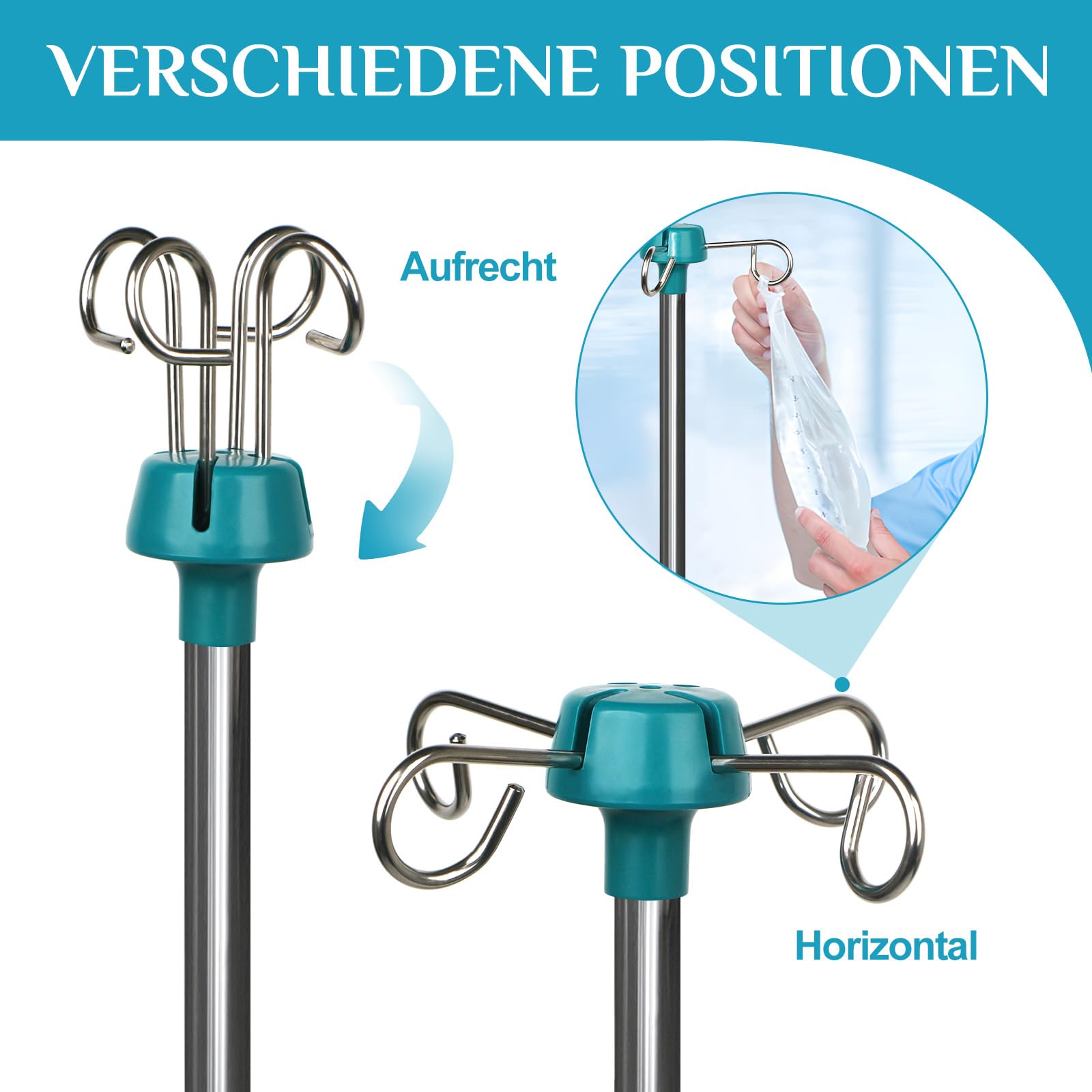 Support à perfusion réglable en hauteur de 113 à 195 cm, avec 4 crochets et base robuste, kit de perfusion médical, portable, porte-perfusion avec porte-perfusion amovible