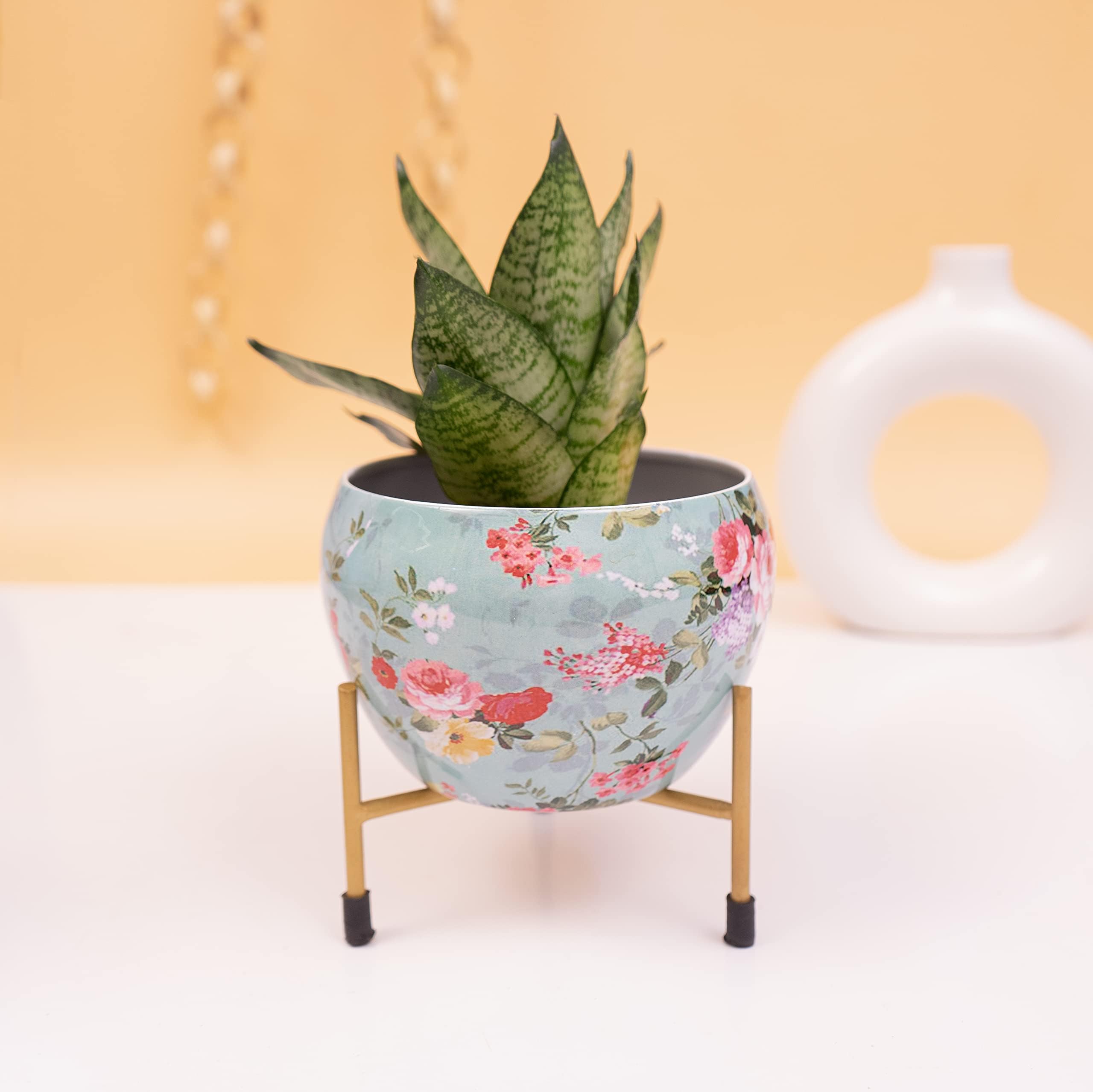 KYARI Minimalistic Green Floral Apple Pot with Stand, Rust-Free Powder Coated Metal, Indoor Outdoor Use, Home Office Decor, Plants Not Included, Pot Size: 10 * 13cm, Stand Height: 7.5cm