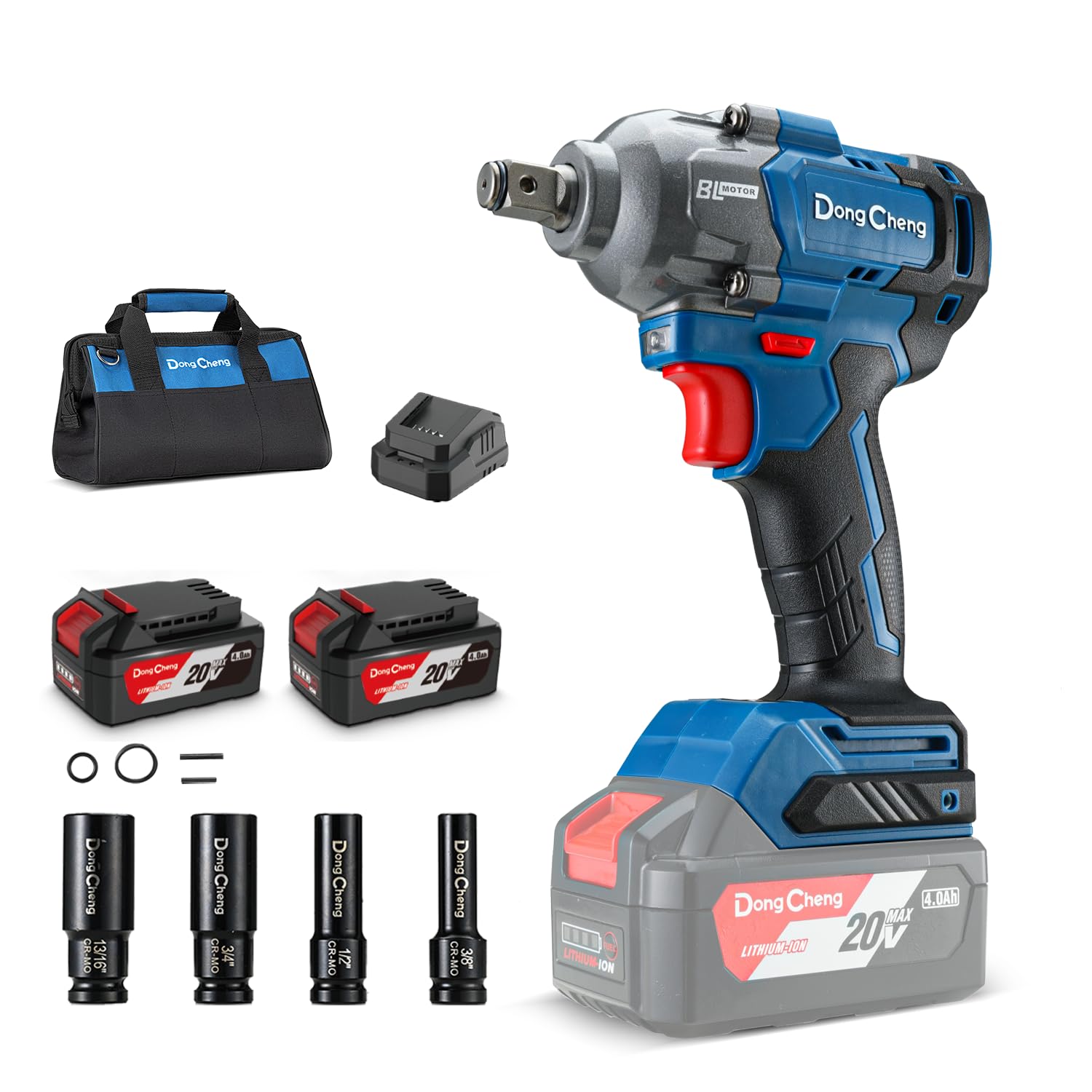 Dong Cheng 20V Brushless Impact Wrench, Max Torque 360 ft-lbs (488N.m), 1/2" with 3 Mode Speed, 2400 RPM Cordless Impact Gun, Includes 2 * 4.0Ah Battery and Charger, 4 Impact Sockets and Kit Bag