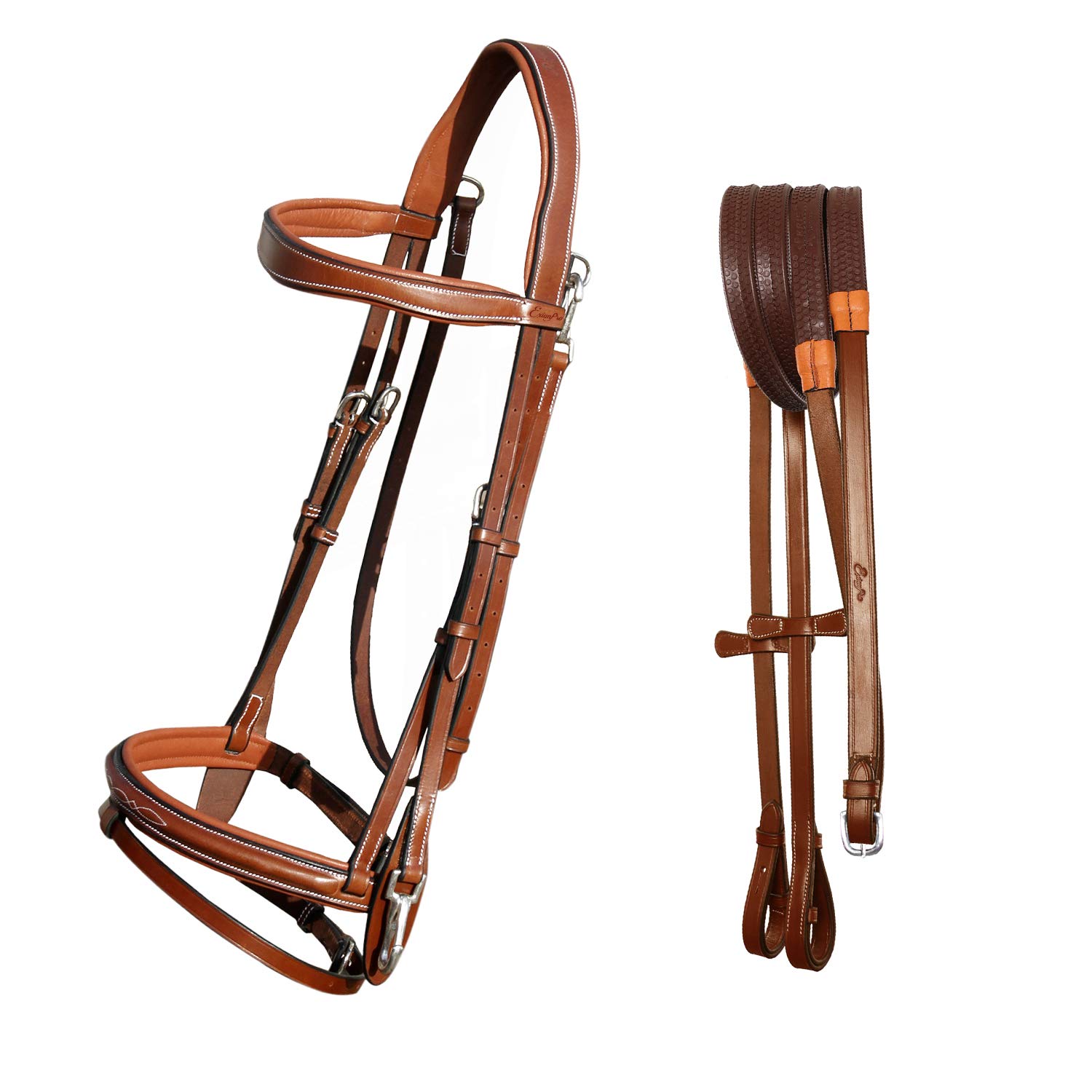 Exion Snap-On Jumping Bridle dla konia, zatrzaskowy kawałek policzka i korona z miękką linowaną opaską na czoło, Flash nosem i gumową leją w mosiężnych klamrach