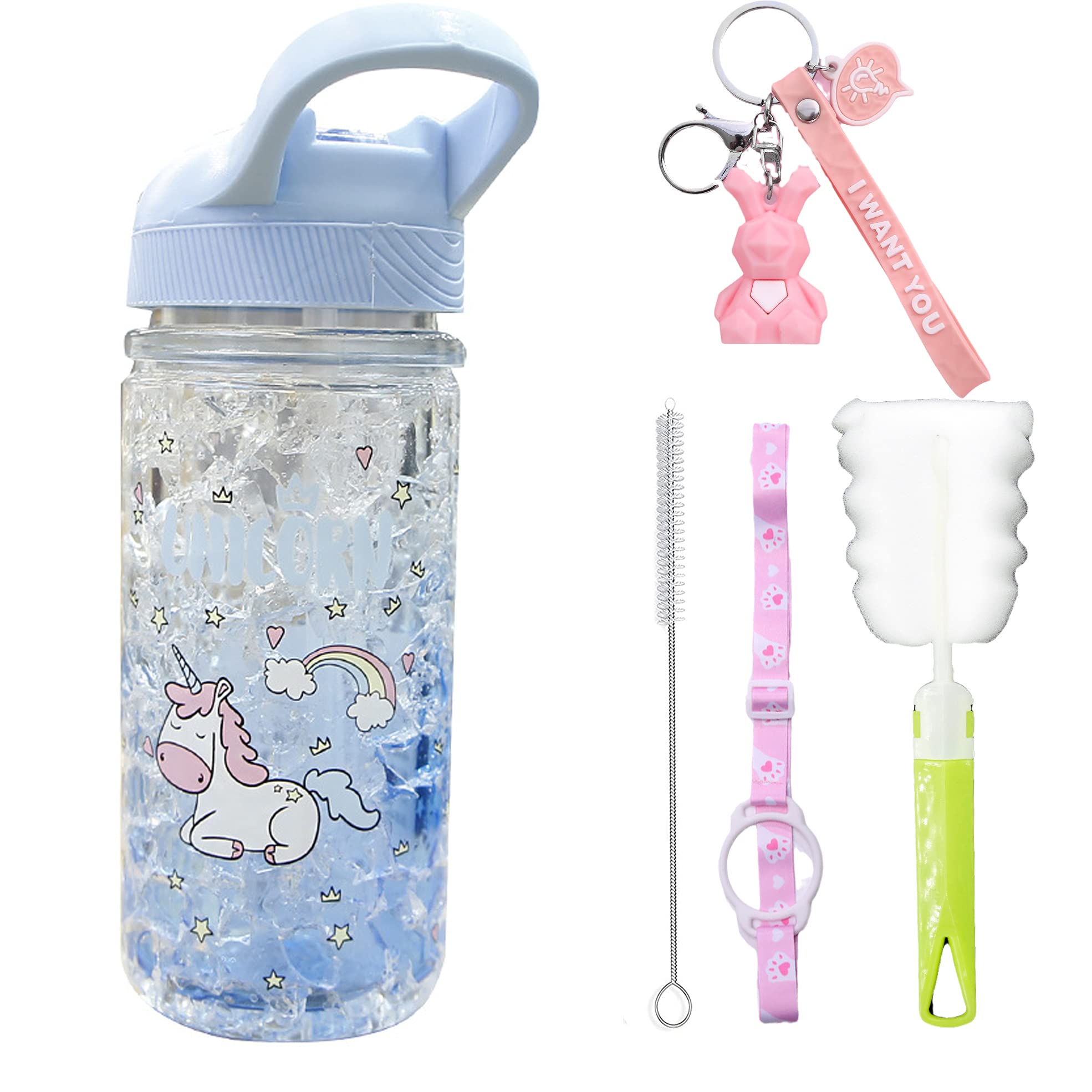seelucky Unicorn Travel Water Bottle with Straw Sport Frosty Mugs Freezer Glass Ice Toddler Cup Carton Water Bottle (Blue Unicorn, 500 ml)