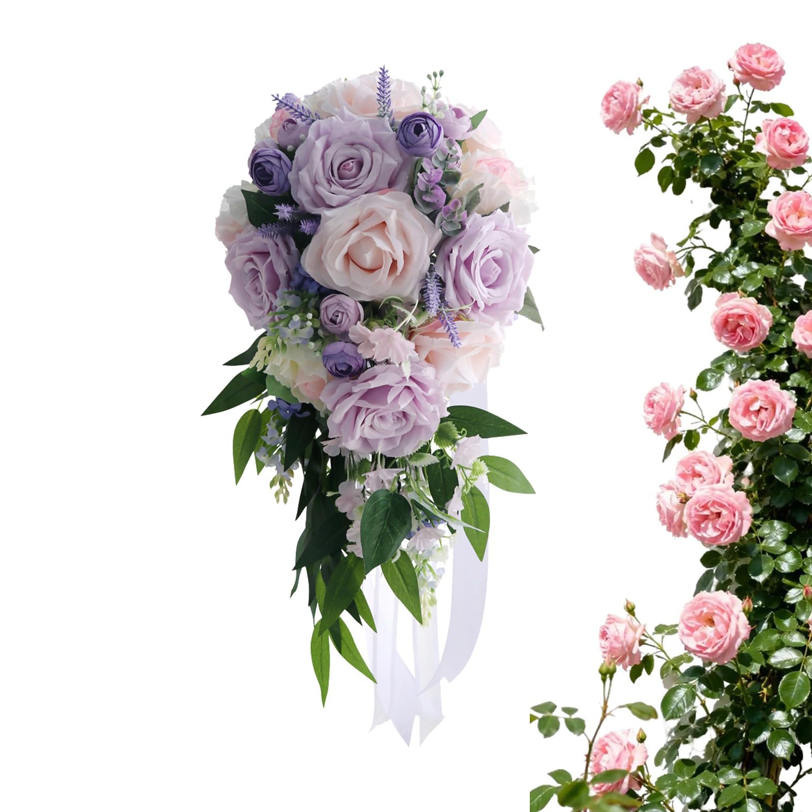 ZBELLO Artificial Bridal Bouquet, Purple Blush Silk Rose Wedding Hand Bouquet with Ribbon, Teardrop Waterfall Bridesmaid Posy for Wedding Ceremony Photo Prop Home Decor ﻿ (PURPLE)