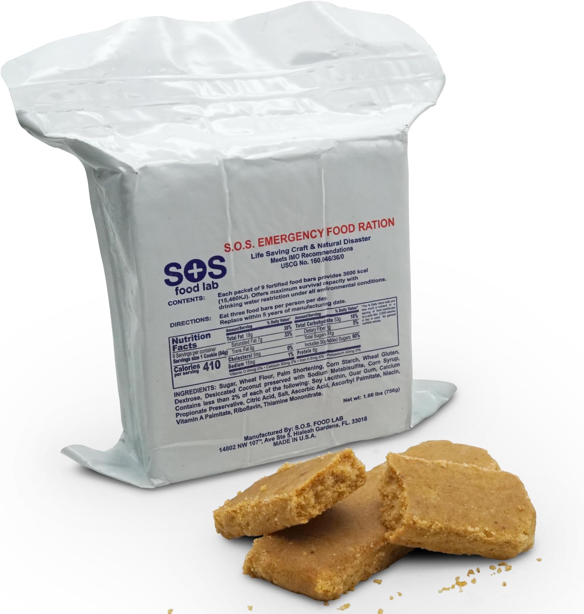 SOS Food Labs, Inc. 185000825 S.O.S. Rations Emergency 3600 Calorie Food bar - 3 Day/ 72 Hour Package with 5 Year Shelf Life, 5" Height, 2" Wide, 4.5" Length