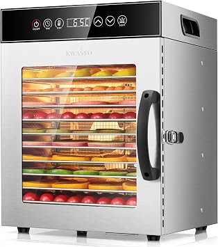 Kwasyo Food Dehydrator 12 Trays, 750W Stainless Steel Dehydrator, Food Dryer UK with Digital Timer and Temperature Control, Overheat Protection, Recipe Book Included