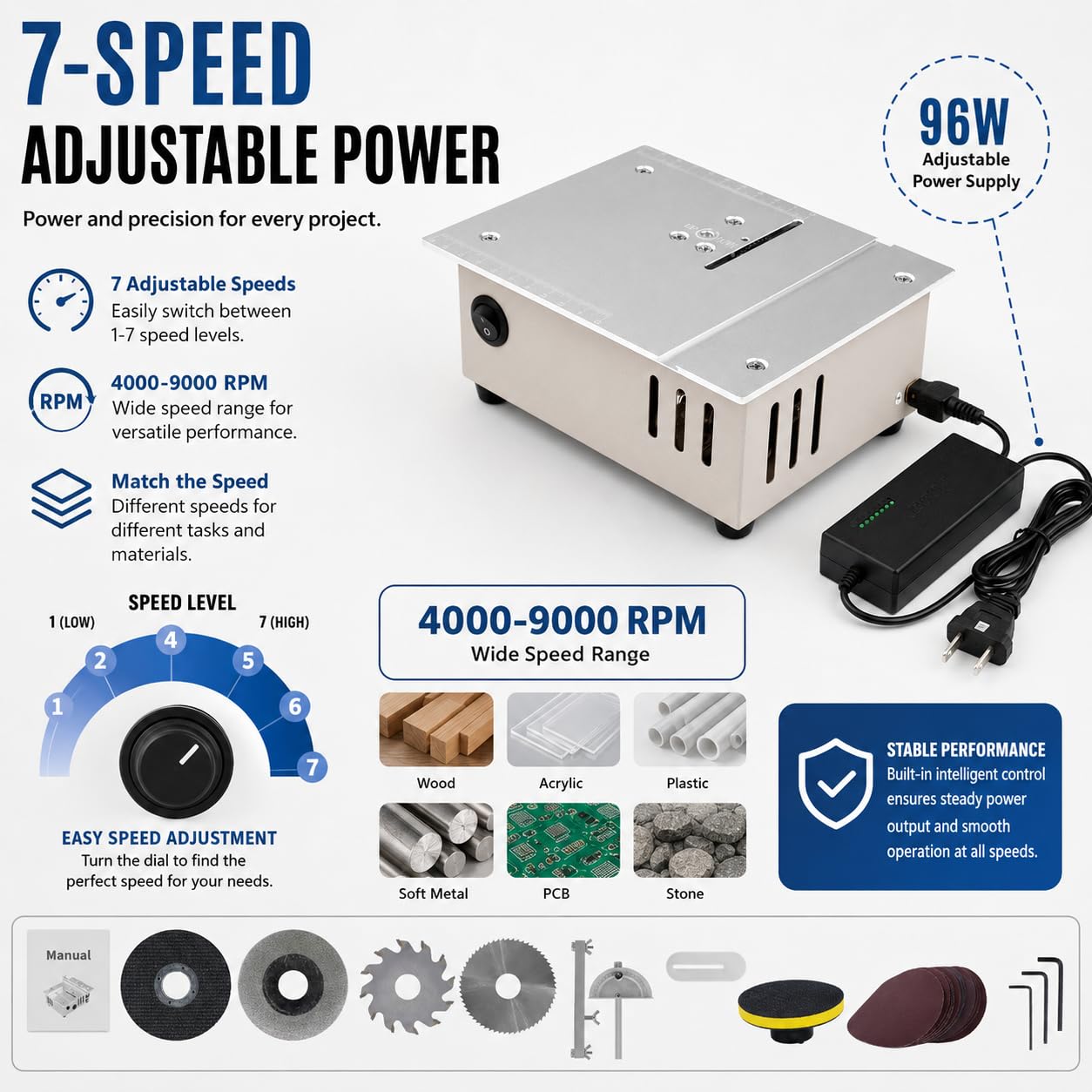 Mini sega circolare da tavolo con 4 lame, alimentazione a 7 velocità 96W Sega circolare di precisione portatile, lama da 0-15 mm Altezza regolabile per bricolage, legno, modellismo