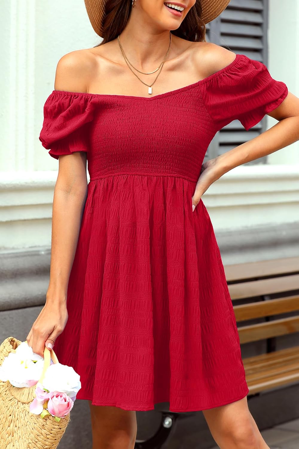 Holipick Womens Summer Dress - Smocked Sweetheart Neckline Puff Sleeve Flowy A-Line Short Cute Casual Spring Dresses for Teen - Image 4