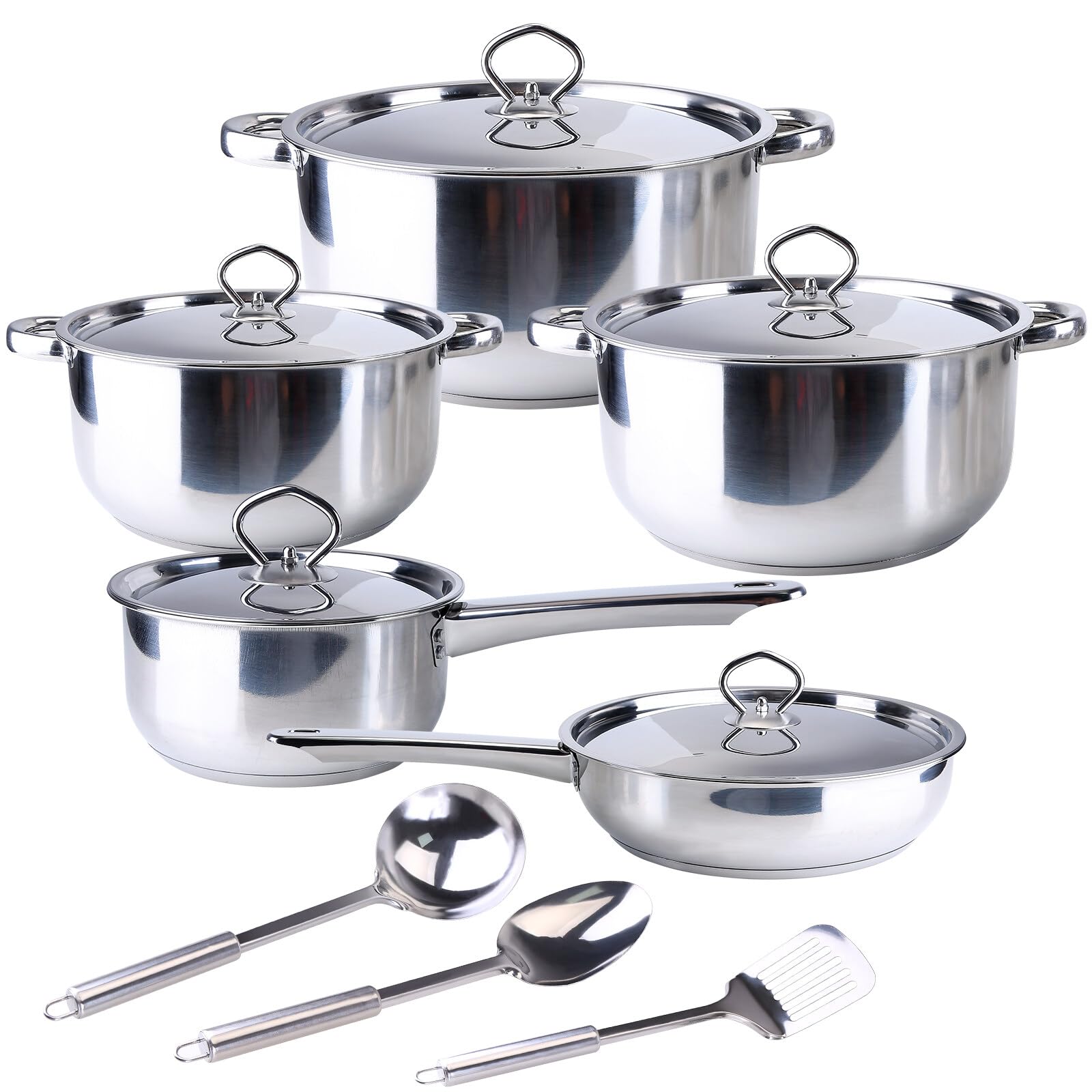 Uposao Kitchen 15-częściowy zestaw garnków i patelni ze stali nierdzewnej, do gotowania na gaz, do mycia w zmywarce, z garnkami, patelniami, przyborami kuchennymi