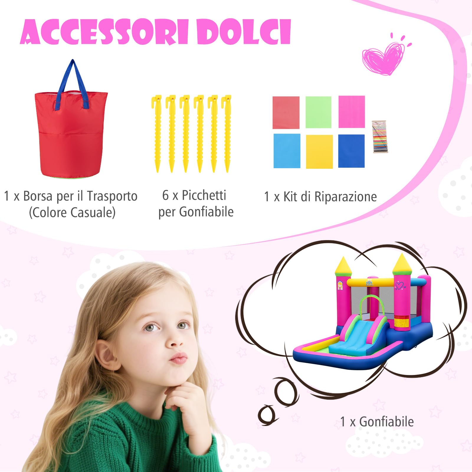 COSTWAY 4-in-1 Castello Gonfiabile per Bambini, Castello a Tema Principessa con Scivolo, Area Salto, Canestro da Basket e Vasca per Palline, Giochi Gonfiabile per 3-12 Anni (Senza Soffiatore)