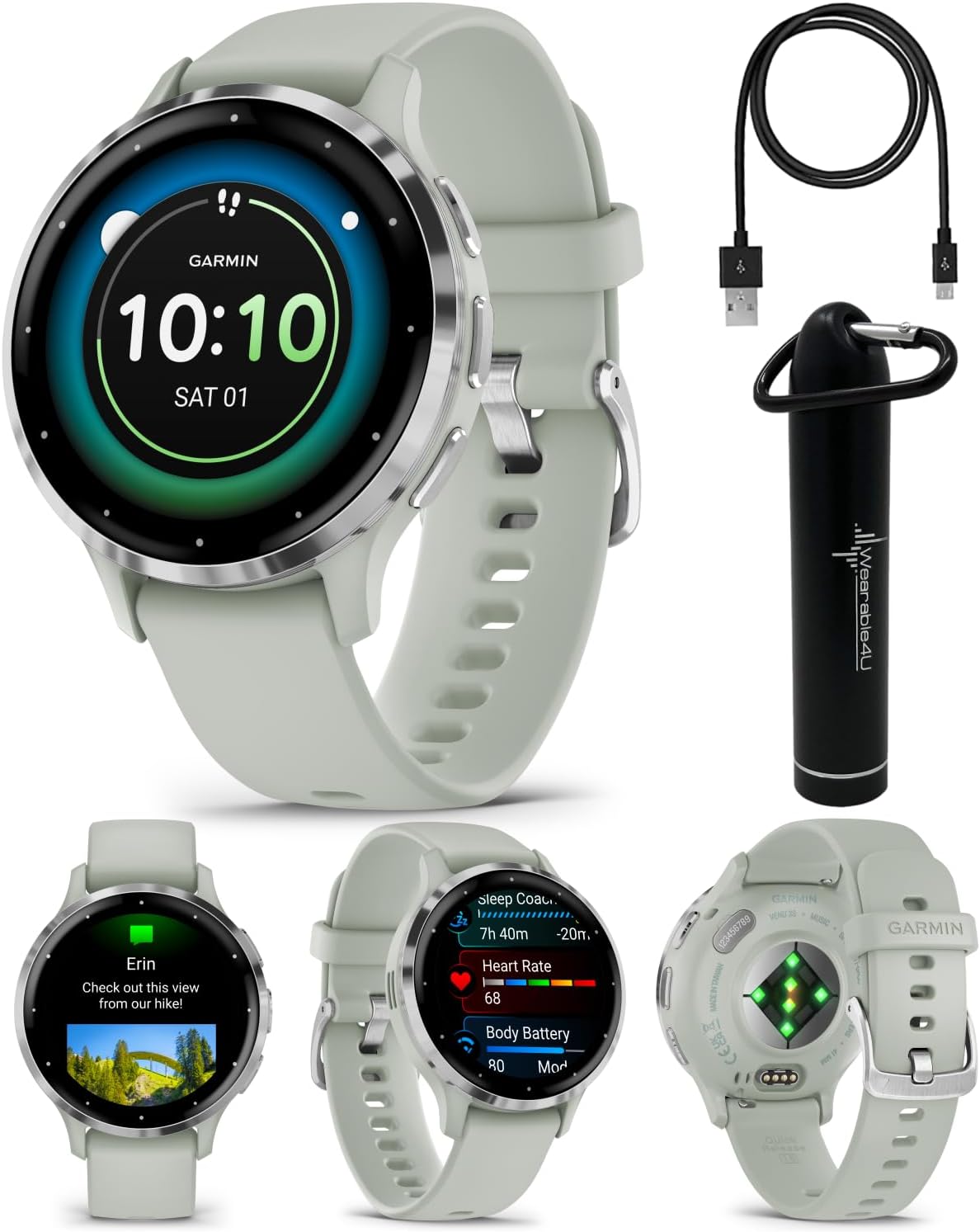 Wearable4U Garmin Venu 3S GPS Smartwatch, AMOLED Display 41 mm Watch, Advanced Health and Fitness Features, Up to 10 Days of Battery, Wheelchair Mode, Sleep Coach, Sage Gray Power Bank Bundle