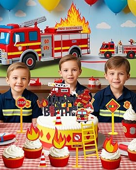 Decorazione di compleanno per camion dei pompieri del pompiere Toppers per torta di buon compleanno per ragazzi Fornure per feste per bambini a tema eroe antincendio  15
