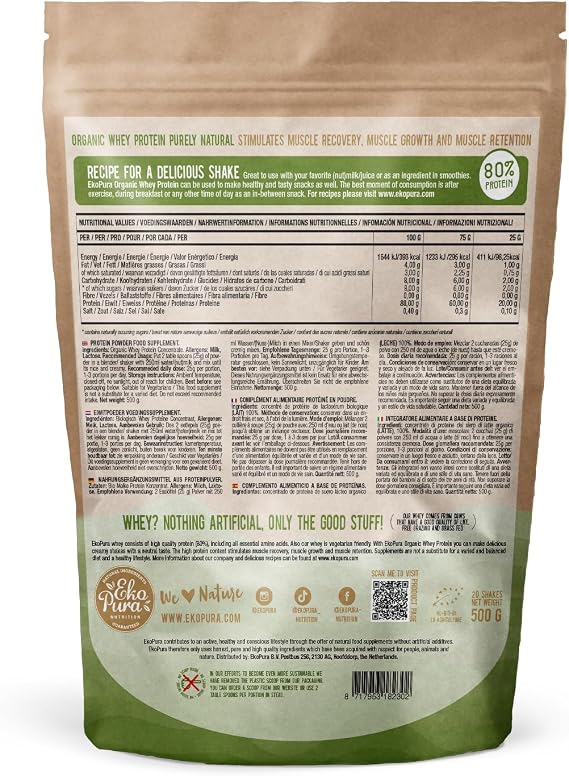 Ekopura Proteína Whey Ecológica en Polvo, Sin Sabor, 80% Proteína, 500 g