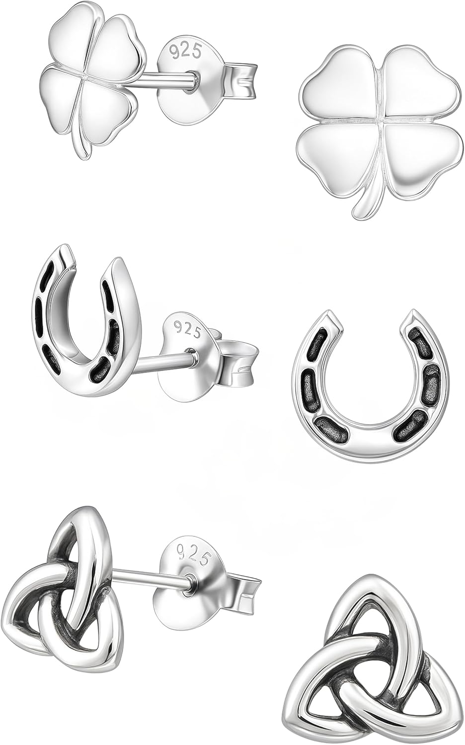 925 Sterling Silver Stud Earrings Irish Shamrock Clover Set Ultra-Tiny St Patrick’s Day Jewelry (3Pairs/Set)