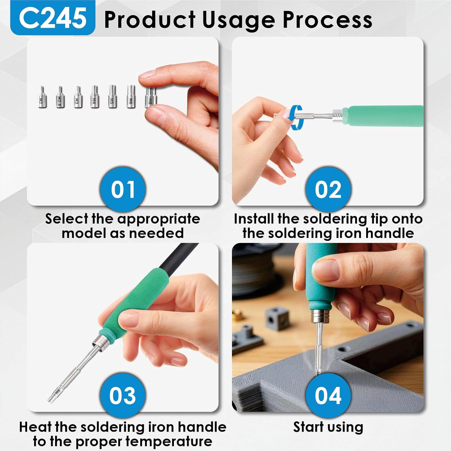 Upgrade Heat Set Insert Tool, Soldering Iron Tips with M2 M2.5 M3 M4 M5 M6 M8 Thread Inserts, Compatible with C245 Soldering Iron, Professional 3D Printing Repair Tools for Hobbyists 丨Makers