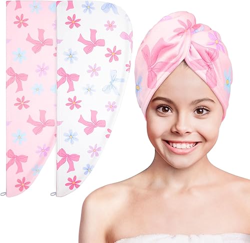 Vista 87 de Basumee Toalla de microfibra para el cabello para niños, paquete de 2 toallas de pelo de secado rápido con turbantes para cabello húmedo, toalla