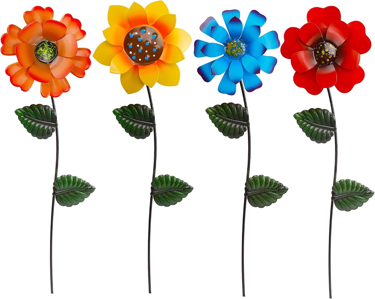 Juegoal 4 Pack Flower Garden Stakes Decor, Outdoor Metal Colorful Sunflowers Daisy Shaking Head Yard Art, Rust Proof Metal Flower Stick, Indoor Outdoor Pathway Patio Lawn Decorations