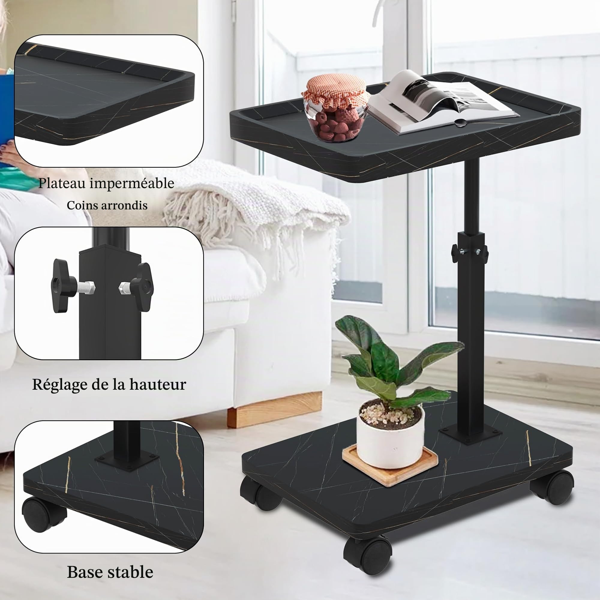 Table D'appoint - Table Dappoint avec Roulettes - Bout de Canape Hauteur Réglable (45-80 cm) et Rotative à 360° - Bout de Canape Bois Facile à Monter - Petite Table Basse pour Salon Balcon Chambre