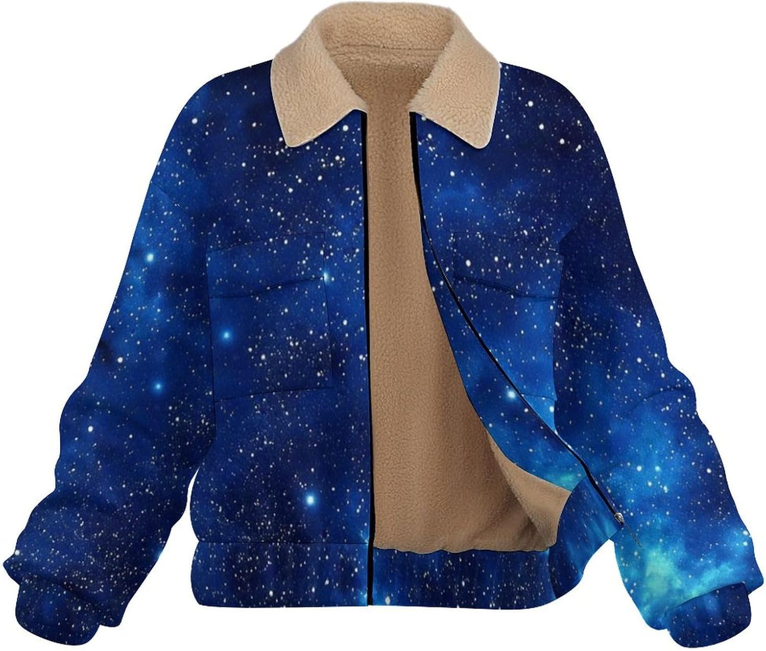 Women Winter Sherpa Lined Fleece Jacket, Long Sleeve Zip Up Starry Sky Fuzzy Cropped Coats Warm Soft Polar Outwear