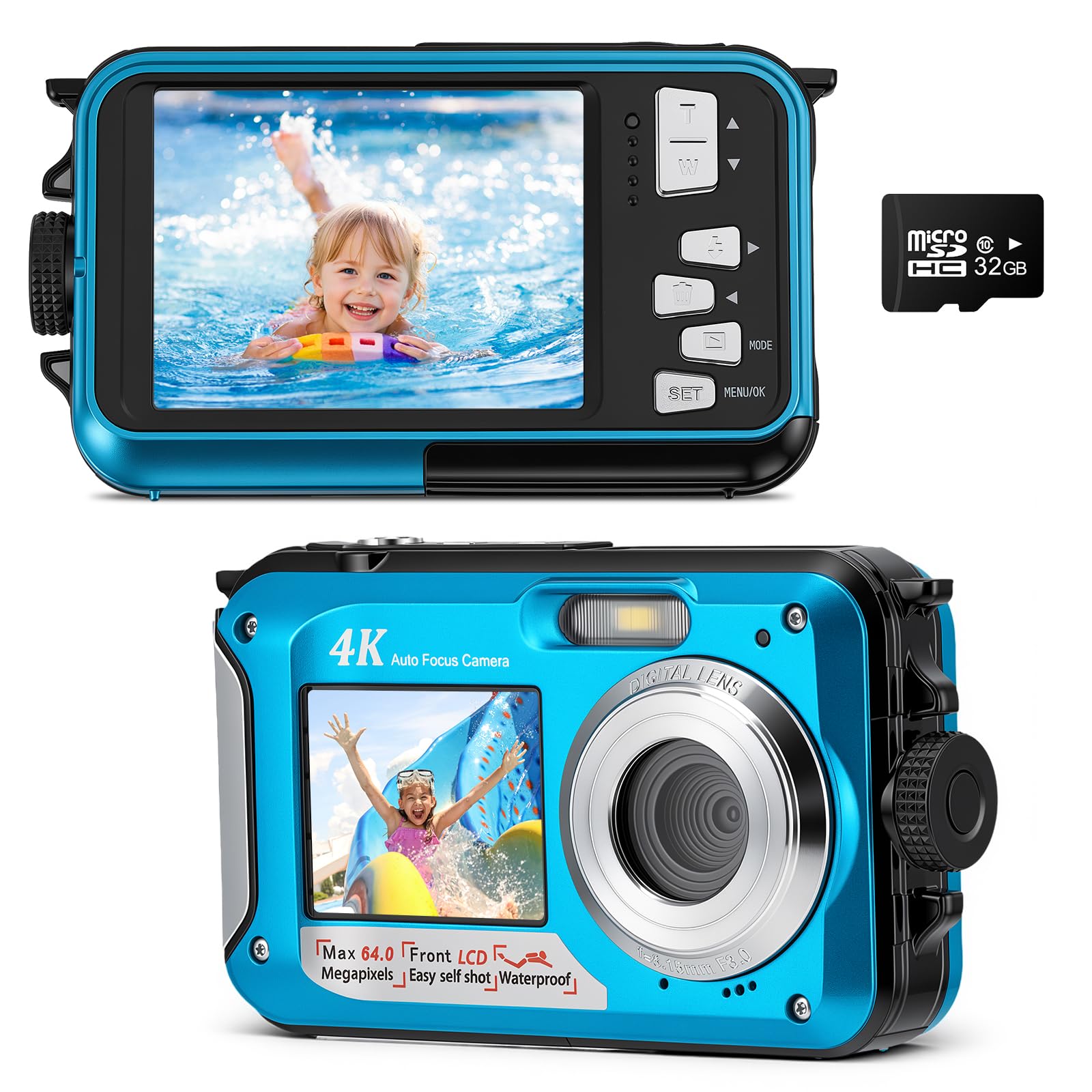 Fotocamera subacquea da 64 MP con messa a fuoco automatica e video 4K, IP68 impermeabile fino a 4,9 m, fotocamera digitale con scheda da 32 GB, doppio display, zoom 16X per snorkeling, blu
