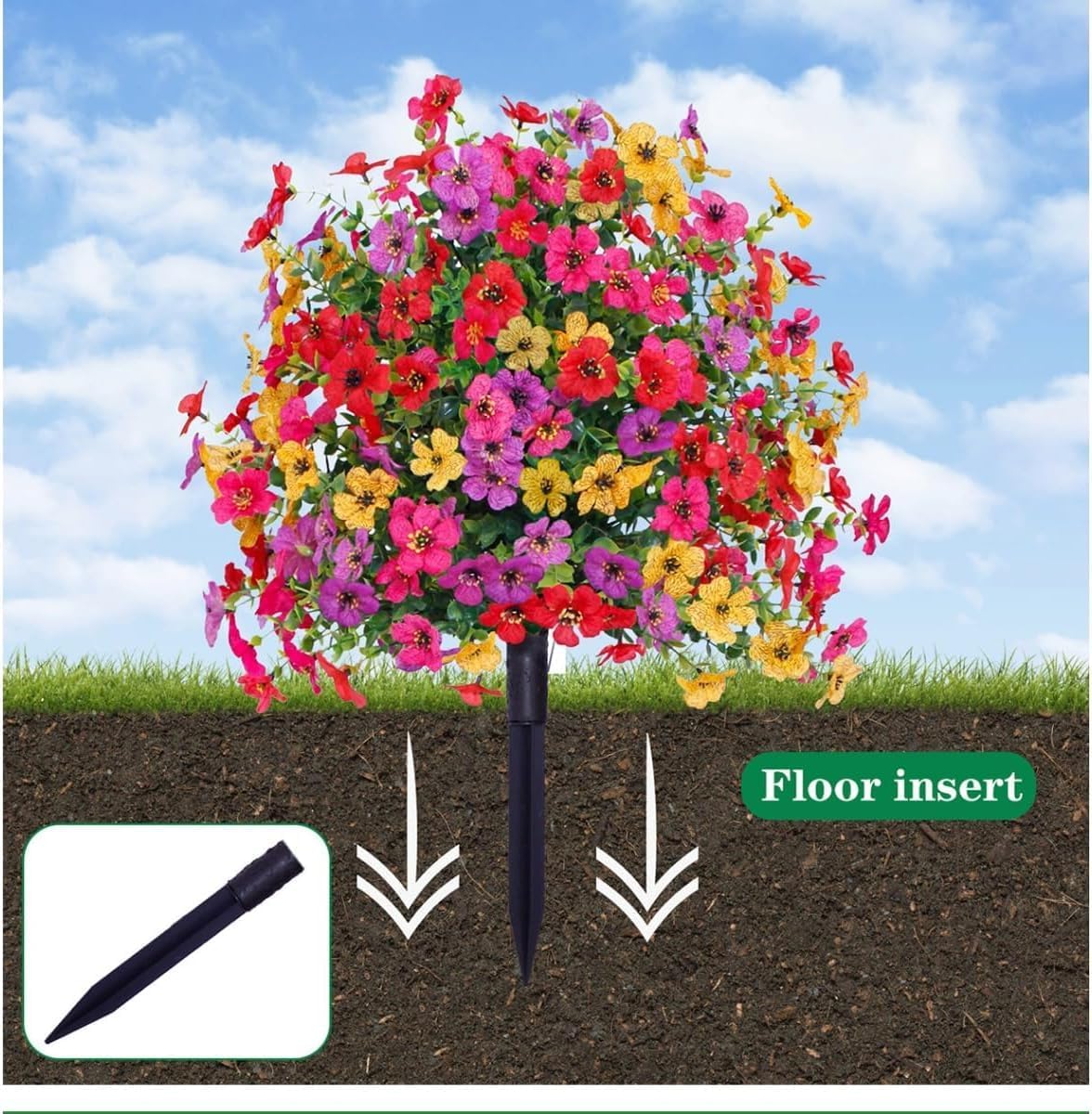 24 Inch Artificial Flower Garden Stake with Realistic Blossoms - Durable Plastic Ground Spike for Outdoor Decoration, Weatherproof & Fade-Resistant Design, Low Maintenance Garden Decor (Blue)