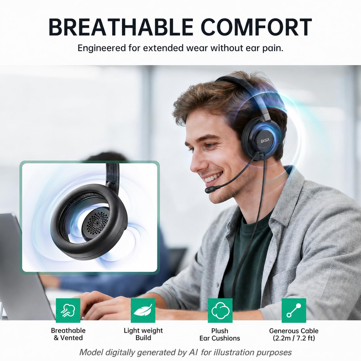 EKSA H27 Cuffie PC con Microfono, Cuffie con Filo USB-A/C, Cuffie con Pulsante di Muto, Controllo del Volume, Open-ear Wired Headset Ideali per Ufficio,Call Center Skype, Zoom