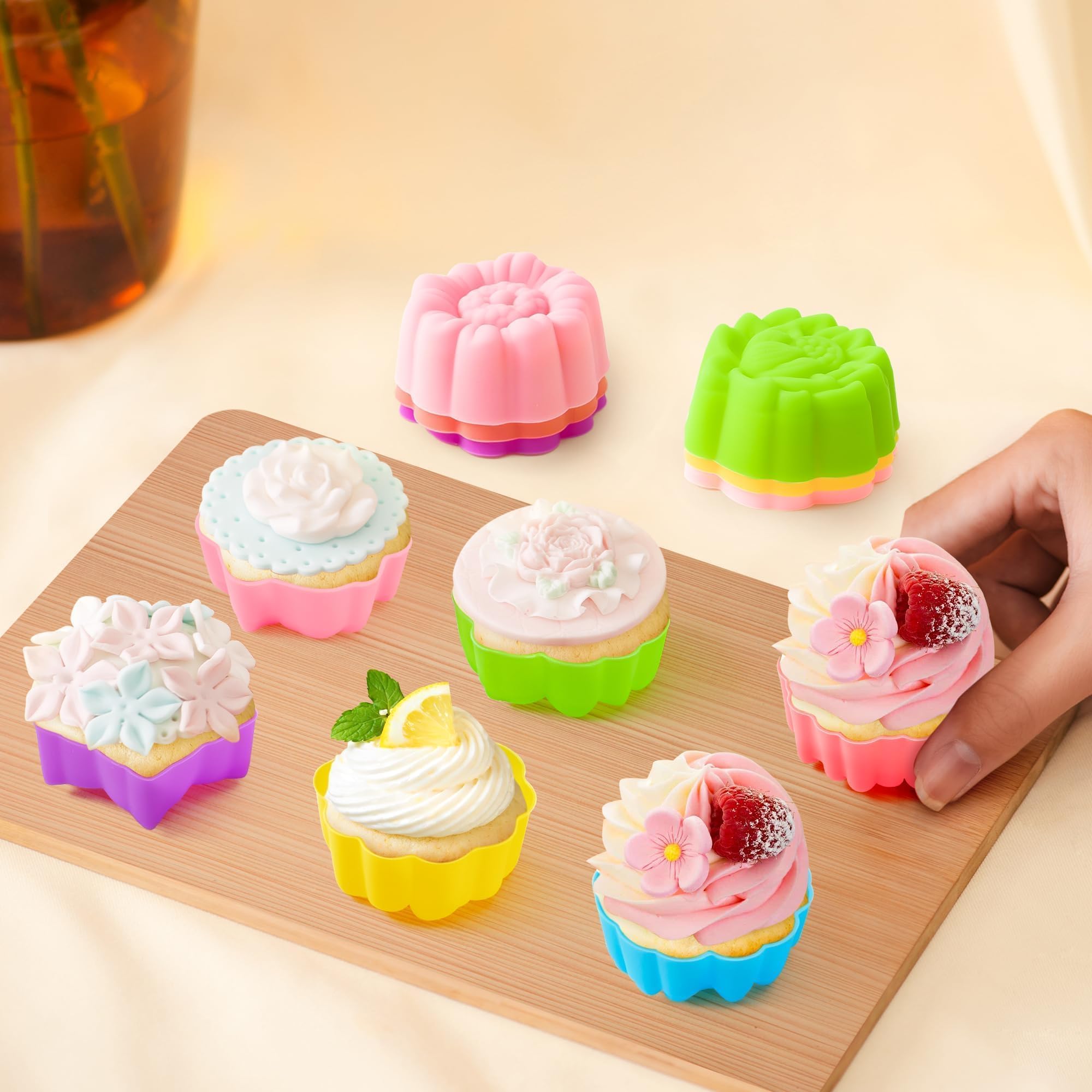 R HORSE 42P Lotu Baking Cup Formen Silikon Muffin Formen, Wiederverwendbare Backformen Lotusblume Sonnenblume Rose Form, Leicht Zu reinigen Antihaft Backwaren für Eis Kuchen Pudding
