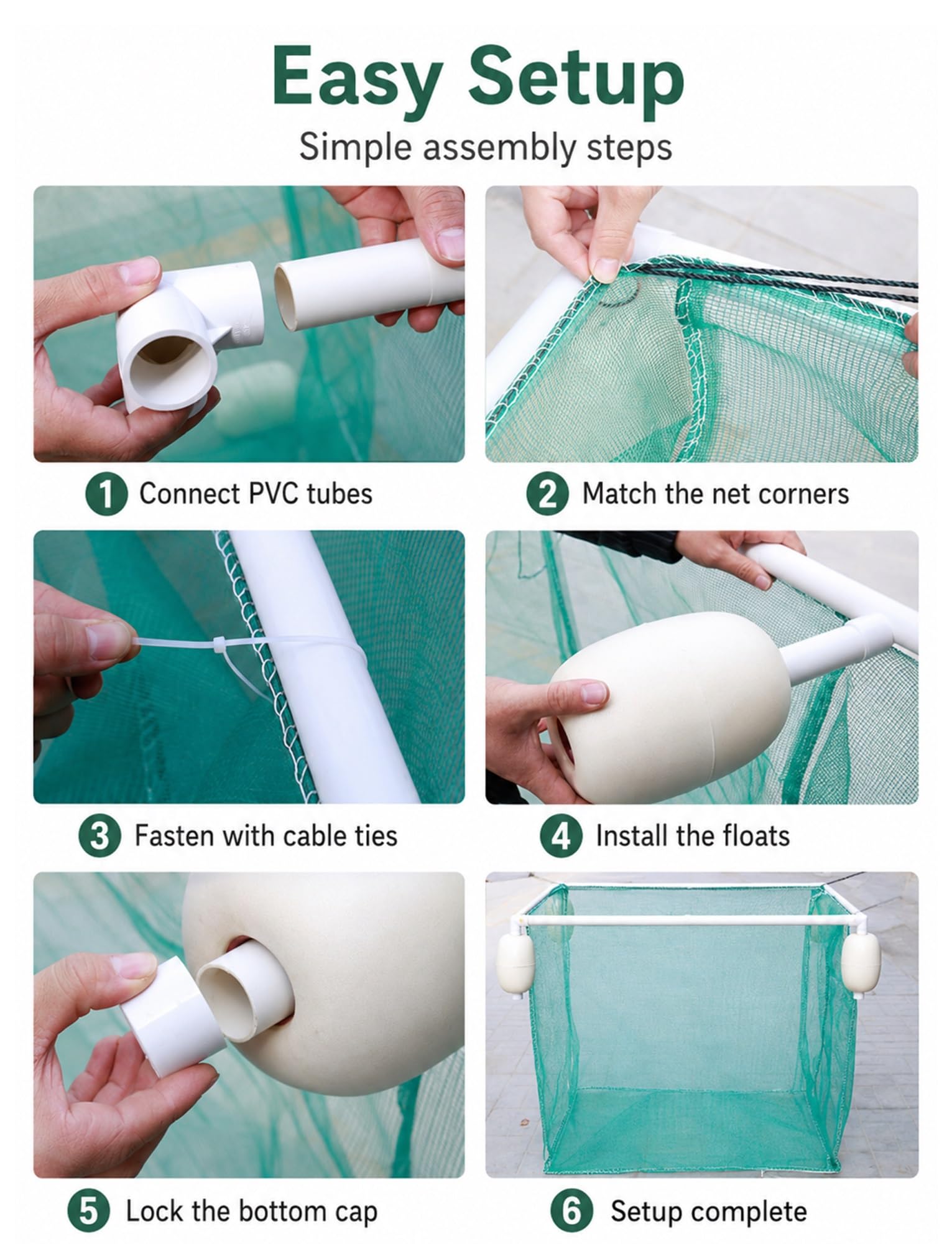 Jaula Flotante para Peces con Tapa, Marco PVC y flotadores de Esquina | Cesta flotante para peces de malla verde, piso simple o doble, para estanque, lago, muelle y acuicul