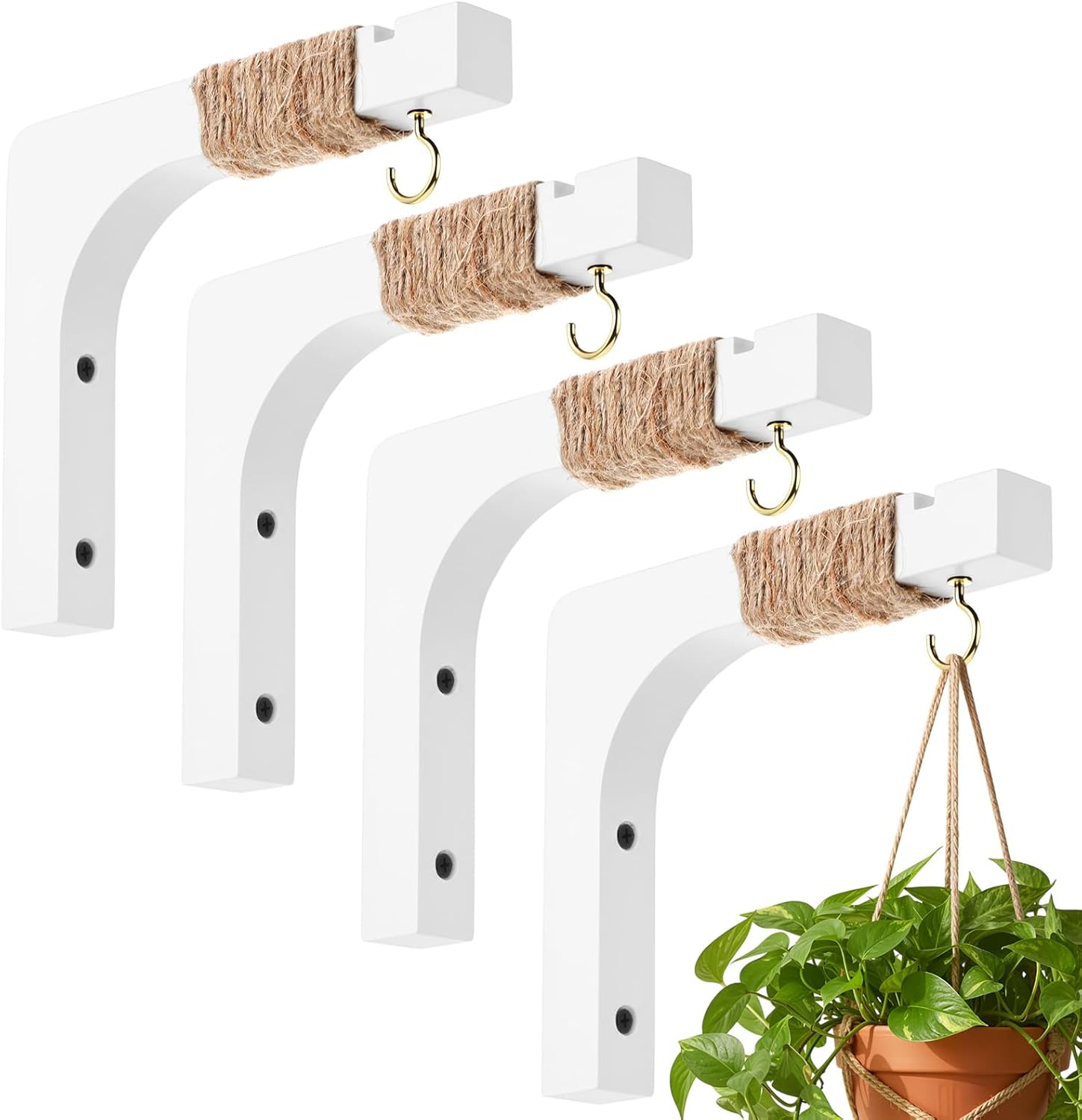 Geelin 4 Pack Wooden Plant Hanger for Wall Mounted Plant Hooks Outdoor Indoor Hanging 6 Inch Farmhouse Hanging Basket Hooks for Garden Home Wall Decoration, L x H x T: 6 x 5 x 0.8inch(Walnut)