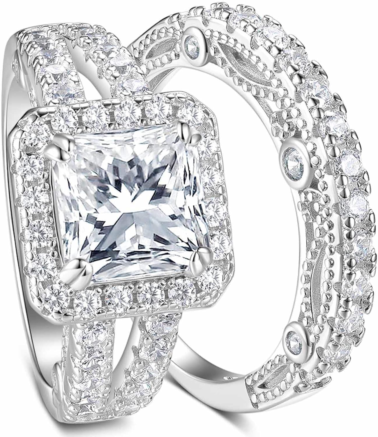BAGOLIKA Princess Cut Wedding Ring Sets for Women Silver 18K White Plated 5A Cz Halo Bridal Ring Sets Wedding Band for Her Size 5-10