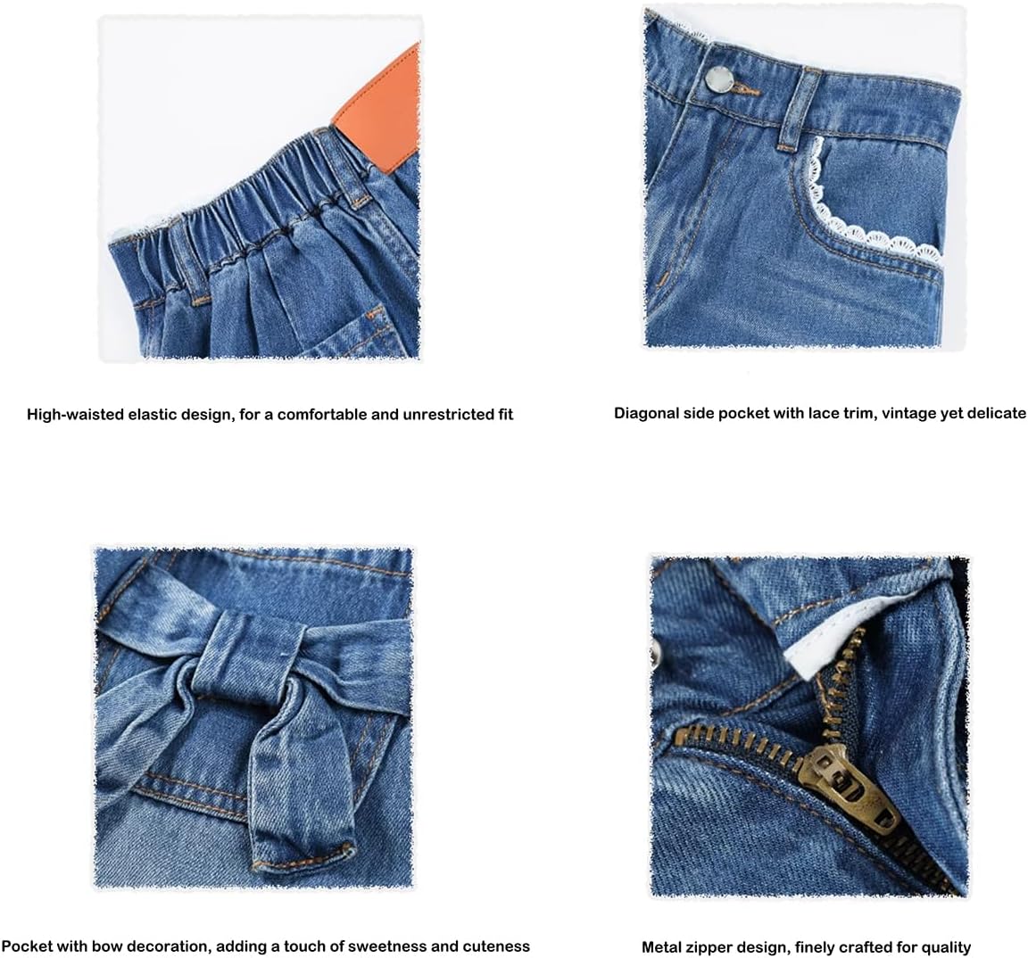 Tengo Girls High Waist Elastic Jean Shorts Bow-Tied Loose Wide-Leg Girl's Denim Shorts 5-14Y - Image 4