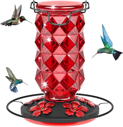 Glass Hummingbird Feeders for Outdoors Hanging, 25Oz Bird Nectar Feeder with Perch & 5 Flower Feeding Ports Leak Proof Hanging for Garden Backyard Decor, Gifts for Women Mom, Red
