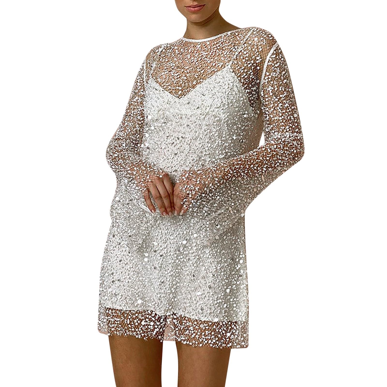 Abito da donna con paillettes, set da 2 pezzi, elegante con paillettes, abito da festa, abito di Natale, grandi dimensioni, abito in rete trasparente