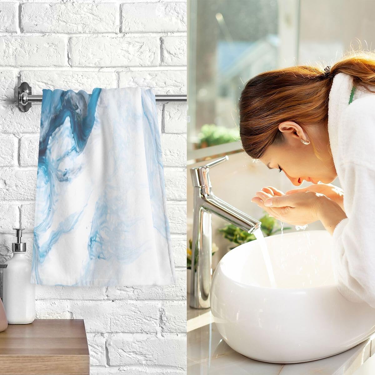 Bolaz 2 Pack Hand Towels Cotton Luxury Towel Blue & White Marble Art Painting for Gym, Shower, Hotel,and Spa