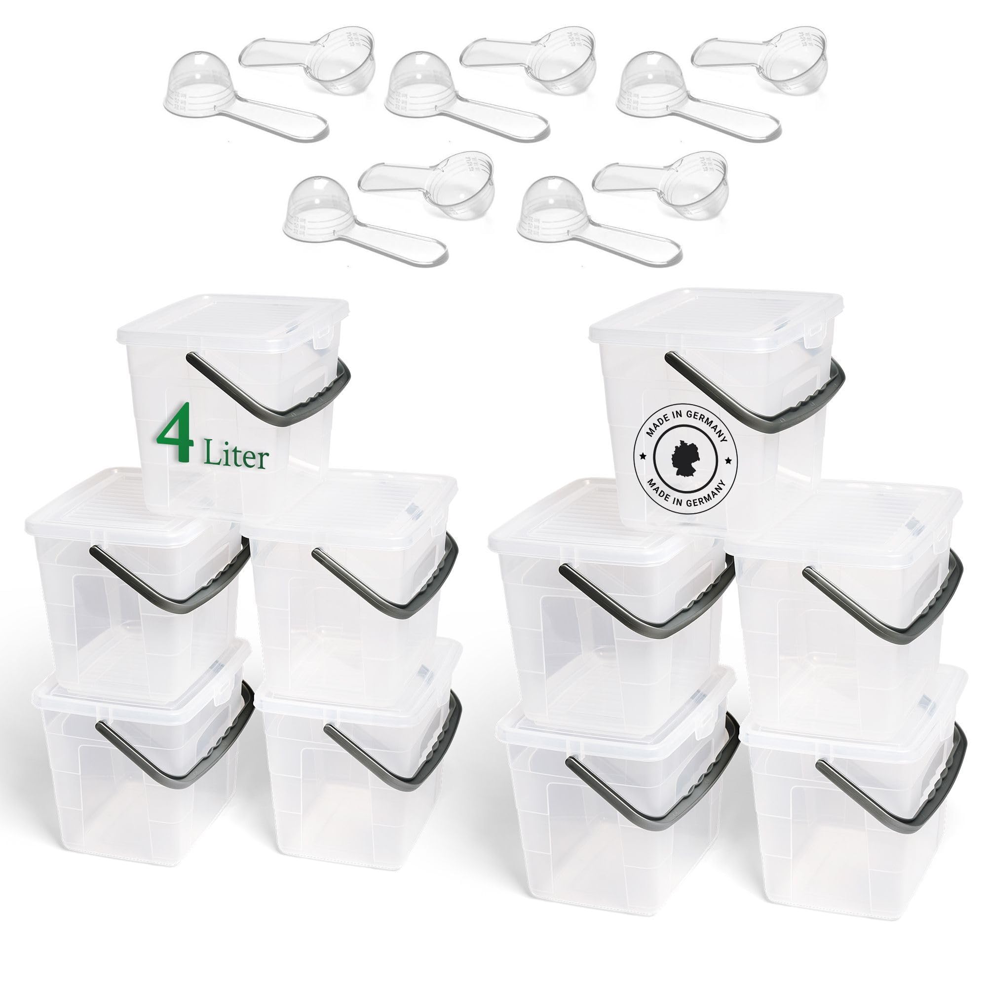 Novaliv 10 cajas de detergente con tapa, 4 litros, transparente y cuchara dosificadora, 23,5 x 18 x 18,5 cm, caja de almacenamiento con asa, depósito de detergente, recipiente para detergente y polvo