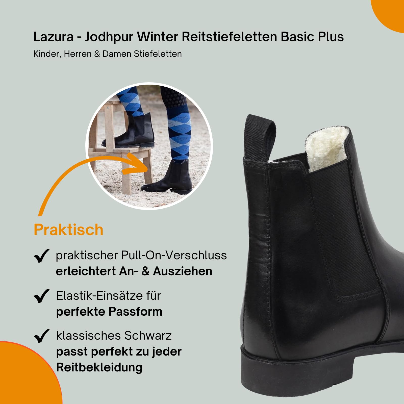 Lazura - Jodhpur Winter Reitstiefeletten Basic Plus | Kinder, Herren & Damen Stiefeletten | mit Fleece-Futter & Pull-On | schwarze Chelsea Boots aus Leder | Reitschuhe | Größe 28-43