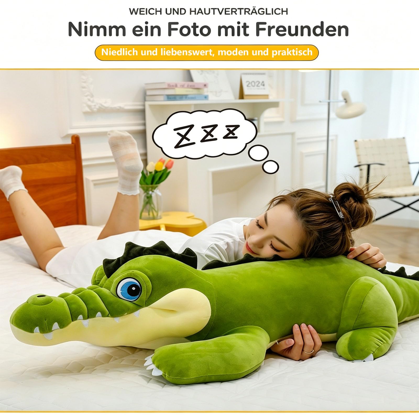 Krokodil Kuscheltier XXL, Plüschtiere Krokodil, Groß Grün Krokodil Stofftier, Riesen Krokodilkissen Plüsch Spielzeug, Lustige Alligatoren-Plüschtiere Geschenk für Kinder Jungen Mädchen (105cm)