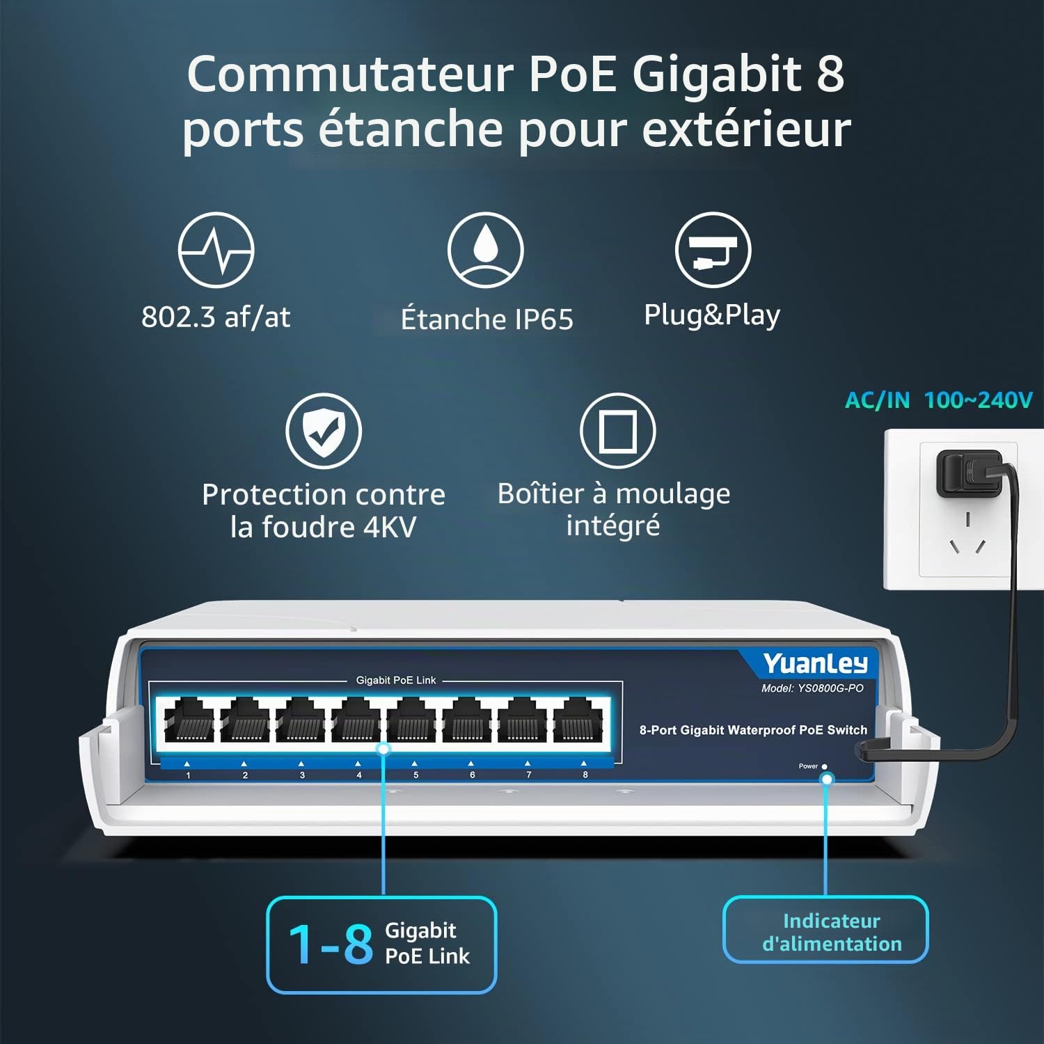 YuanLey Switch PoE Gigabit 8 Ports Ethernet D'extérieur étanche Commutateur Réseau Non Géré 1000Mbps, Alimentation Intégrée de 120W, Support IEEE802.3af/at et Plug & Play