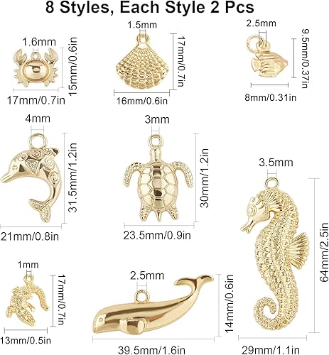 Miniatura 2 de SUNNYCLUE 1 caja de 16 piezas de 8 estilos reales chapados en oro de 14 quilates, dijes de animales con temática de mar, tortuga, estrella de mar,
