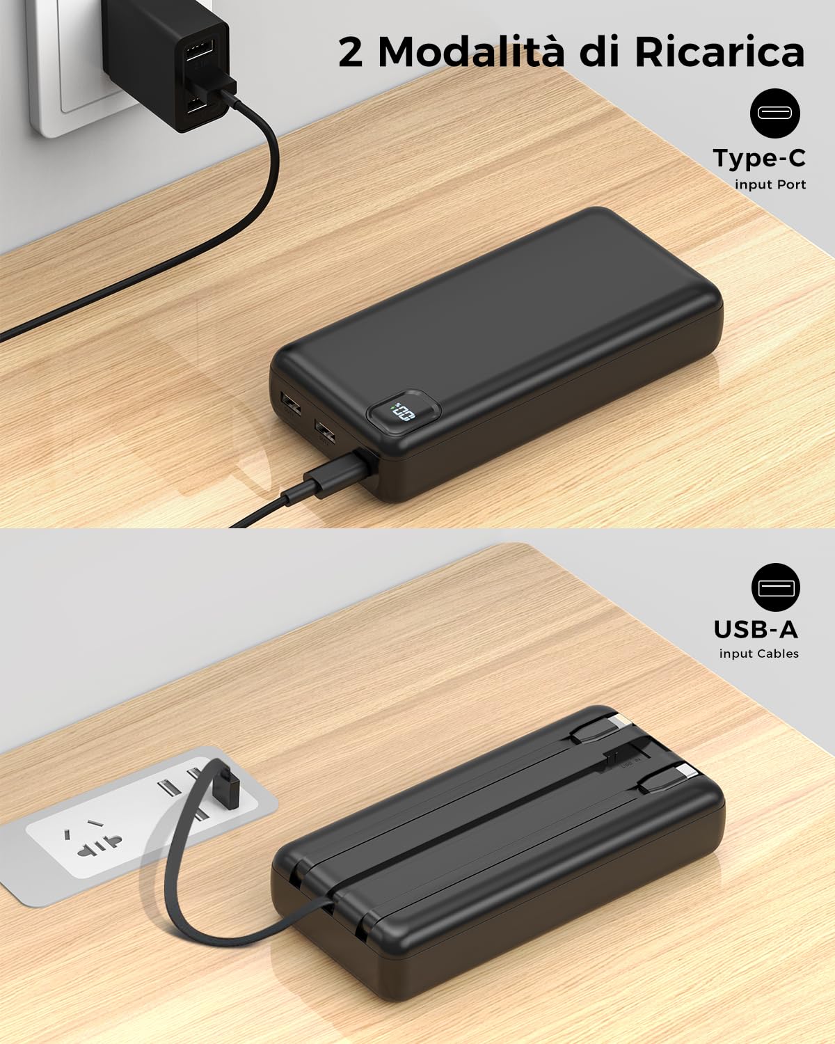 Batterie externe 50 000 mAh - Charge rapide PD 30 W - Avec 3 câbles intégrés, 5 sorties et 2 entrées - Affichage LED - Chargement portable pour iPhone, etc
