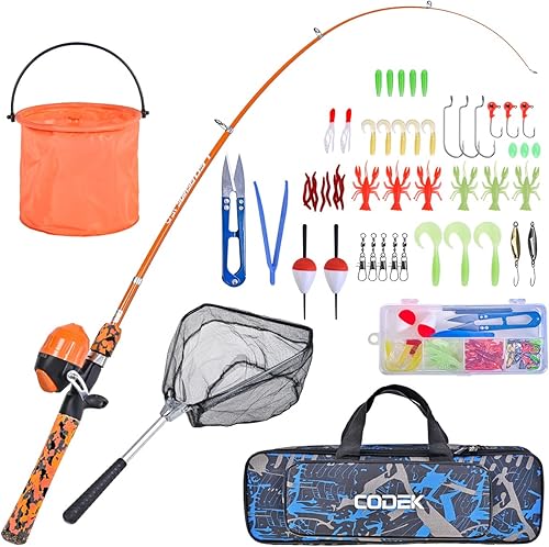 CODEK Kids Fishing Pole Set with Full Starter Kits 2 Set Portable Telescopic Fishing Rod and Spincast Reel Cambos with a Fishing Net and 2 Buckets